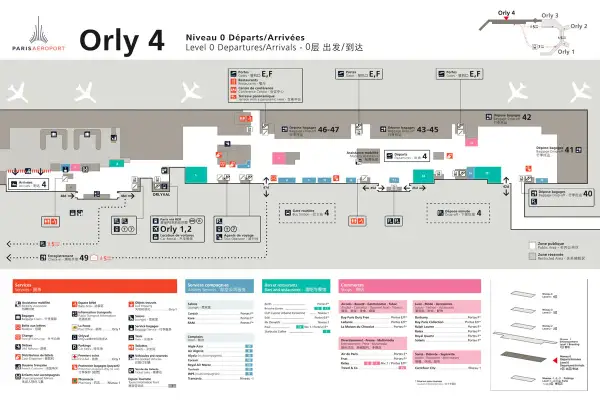 Plan du niveau 0 d'Orly 4, montrant les portes, les déposes bagages, les services et commerces pour faciliter votre transport à Orly Sud.