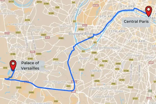 Carte montrant le trajet en RER de Paris à Versailles, avec le Palais de Versailles marqué.