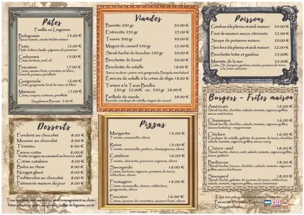 Le menu de chez ta mère propose des pâtes, viandes, poissons, burgers et desserts. Des plats savoureux pour tous les goûts.