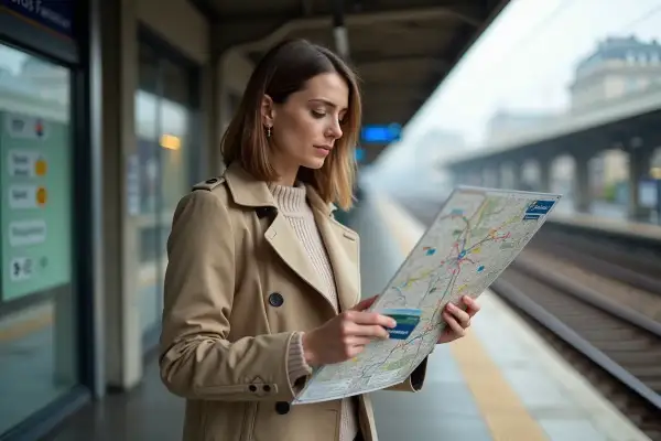 Femme cherchant son chemin sur une carte à la gare, planifiant son exploration de la zone 1 Paris.