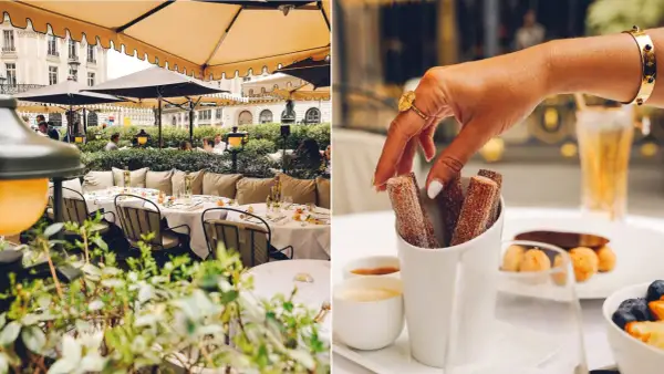Terrasse chic à Paris, ambiance "coco paris". Des churros gourmands à déguster avec une boisson fraîche.