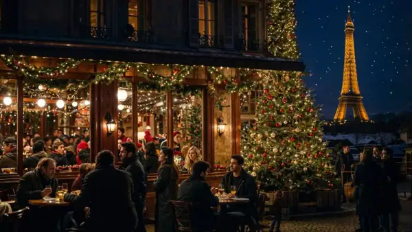 Un restaurant parisien décoré pour Noël, avec un sapin scintillant et la Tour Eiffel illuminée en arrière-plan. Un lieu chaleureux, ouvert le 24 décembre, où les gens dînent et profitent de la magie de la fête.